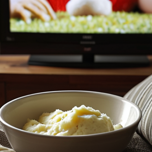 Home 4 **
A close-up shot of someone relaxing on a sofa, with a cold compress on their cheek, watching a movie on TV. Soft lighting and a cozy atmosphere. A bowl of mashed potatoes and a glass of water are on a nearby table. Focus on conveying comfort and rest.
**