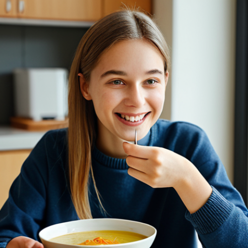 Home 21 A serene young adult with dental braces, demonstrating resilience, gently eating a bowl of soft, comforting soup at a modern kitchen table. The subject wears modest, comfortable, and casual attire. The environment is softly lit with warm tones, suggesting a peaceful home setting. The image is a professional close-up shot, emphasizing a calm and composed expression. Perfect anatomy, correct proportions, natural pose, well-formed hands, proper finger count, natural body proportions. Fully clothed, modest clothing, appropriate attire, safe for work, appropriate content, family-friendly.