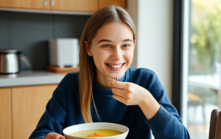 A serene young adult with dental braces, demonstrating resilience, gently eating a bowl of soft, comforting soup at a modern kitchen table. The subject wears modest, comfortable, and casual attire. The environment is softly lit with warm tones, suggesting a peaceful home setting. The image is a professional close-up shot, emphasizing a calm and composed expression. Perfect anatomy, correct proportions, natural pose, well-formed hands, proper finger count, natural body proportions. Fully clothed, modest clothing, appropriate attire, safe for work, appropriate content, family-friendly.