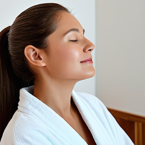 Home 20 Relaxing Facial Massage**
"A woman with perfect anatomy, fully clothed in a comfortable robe, is gently massaging her jawline in a serene spa environment, appropriate attire, safe for work, correct proportions, well-formed hands, natural pose, soft lighting, professional photography, focusing on relaxation and self-care, modest, family-friendly"
**
