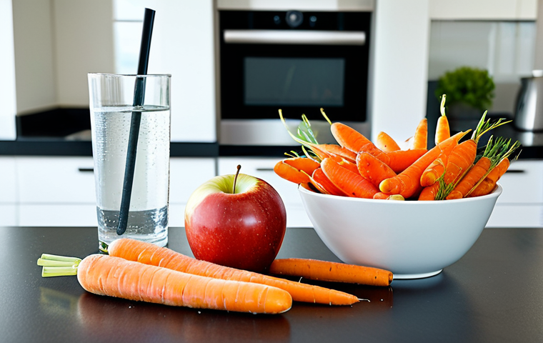 Smart Food Choices**
"A colorful arrangement of healthy foods: crisp apples, crunchy carrots, and a glass of water. Background is a bright, modern kitchen. The image emphasizes dental health and balanced nutrition. safe for work, appropriate content, fully clothed, professional food photography, perfect anatomy, natural proportions, well-lit, educational, modest."
**