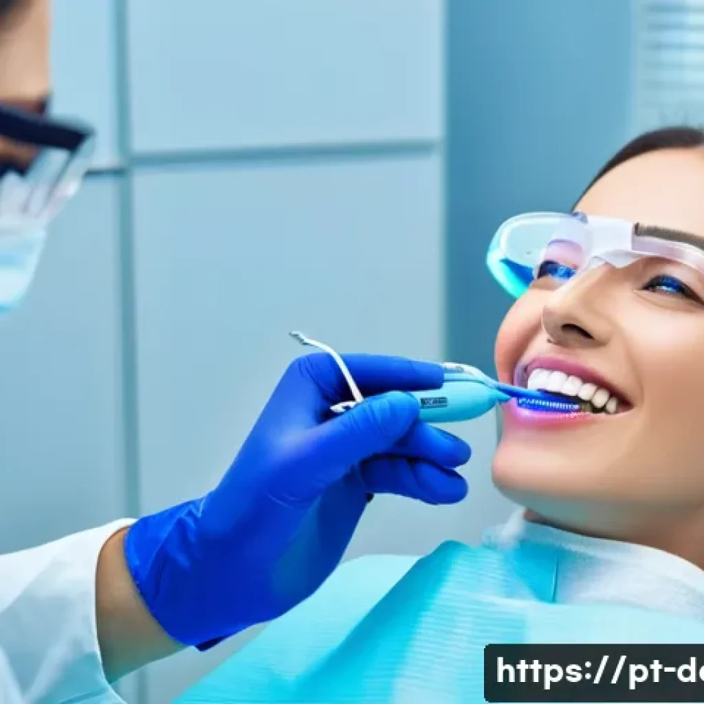치아 미백 효과와 지속 시간 - A modern dental clinic scene showing a professional dentist applying a high-concentration teeth whit...