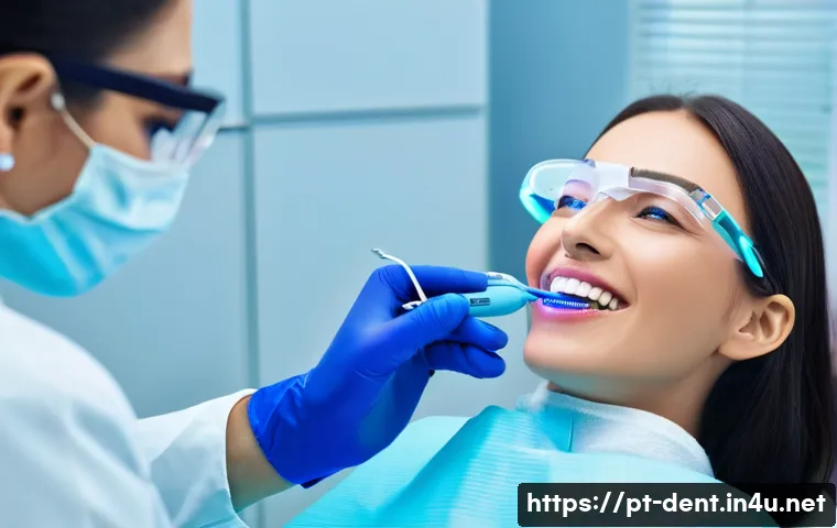치아 미백 효과와 지속 시간 - A modern dental clinic scene showing a professional dentist applying a high-concentration teeth whit...