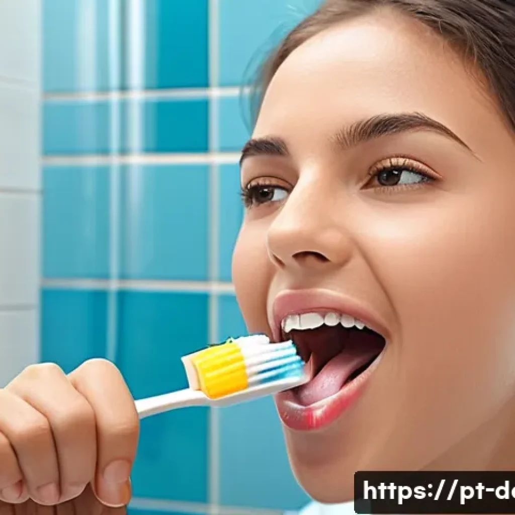 구강 악취 원인과 치료 병원 추천 - A detailed, realistic illustration of a young adult practicing thorough oral hygiene in a modern Bra...