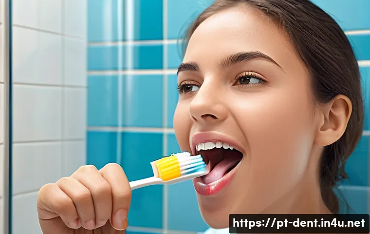 구강 악취 원인과 치료 병원 추천 - A detailed, realistic illustration of a young adult practicing thorough oral hygiene in a modern Bra...