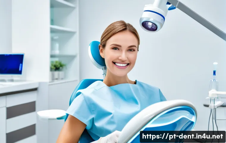 치아 색소침착 원인과 제거 방법 - A professional dental clinic scene showing a smiling adult patient sitting in a modern dentist chair...
