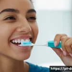 Home 20 잇몸 출혈 원인과 치과 진료 필요성 - A detailed close-up image of a young adult woman of Brazilian descent smiling while brushing her tee...