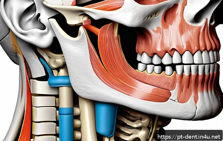 턱관절 장애와 교정 치료의 관계 - A detailed medical illustration of the temporomandibular joint (TMJ) showing the anatomy of the jaw,...