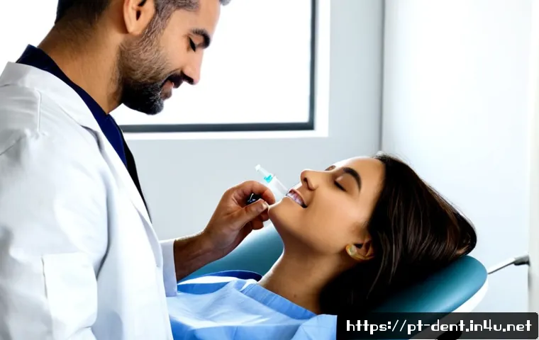 치과 치료 중 무통 마취의 효과 - Photorealistic modern dental clinic in Portugal, calm adult patient reclining comfortably in a denta...